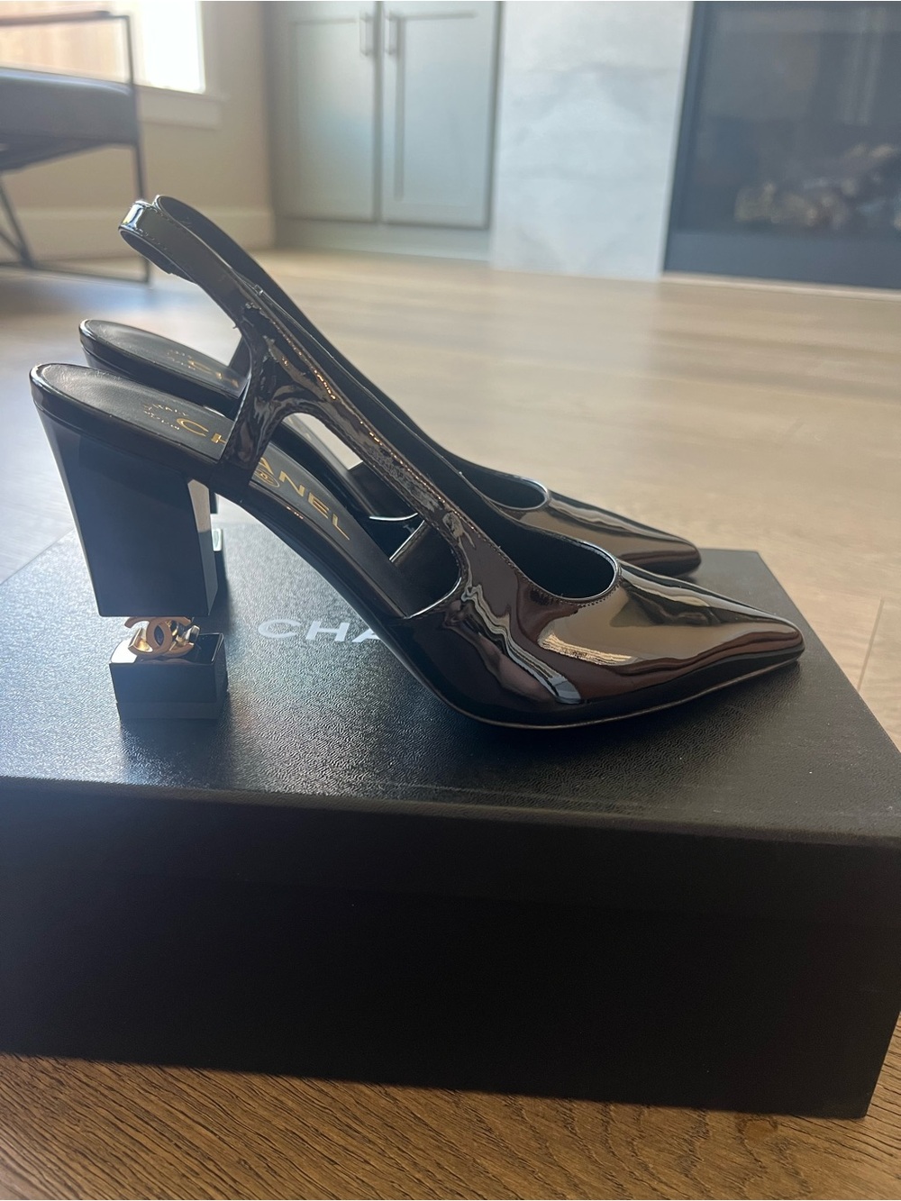 Chanel 26A black patent slingback pumps CC heel
